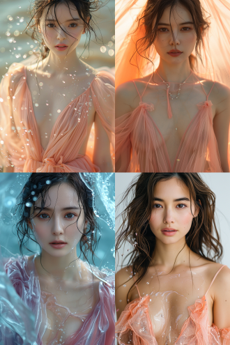 seawater background, a beautiful asian girl, beautiful face, long hair, long and thin chiffon dress with a v-neck in pink, slender figure, full body shot, wide shot, stage lighting, 8k, photographic style, silk,,in clothes