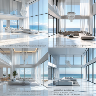 “modern minimalist interior design, spacious open-plan room with luxurious white marble flooring, a chic contemporary sofa, and a grand crystal chandelier. floor-to-ceiling windows with sheer curtains fluttering in the ocean breeze, soft natural sunlight illuminating the space. serene ocean view in the background, calm and luxurious coastal atmosphere, photorealistic, high-resolution, clean lines, neutral tones, perfect for wallpaper.”