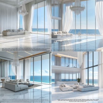“modern minimalist interior design, spacious open-plan room with luxurious white marble flooring, a chic contemporary sofa, and a grand crystal chandelier. floor-to-ceiling windows with sheer curtains fluttering in the ocean breeze, soft natural sunlight illuminating the space. serene ocean view in the background, calm and luxurious coastal atmosphere, photorealistic, high-resolution, clean lines, neutral tones, perfect for wallpaper.”