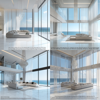 “modern minimalist interior design, spacious open-plan room with luxurious white marble flooring, a chic contemporary sofa, and a grand crystal chandelier. floor-to-ceiling windows with sheer curtains fluttering in the ocean breeze, soft natural sunlight illuminating the space. serene ocean view in the background, calm and luxurious coastal atmosphere, photorealistic, high-resolution, clean lines, neutral tones, perfect for wallpaper.”