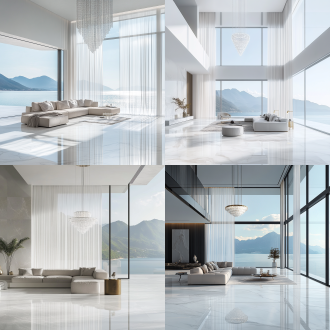 modern minimalist interior design, spacious open-plan room with luxurious white marble flooring, a chic contemporary sofa, and a grand crystal chandelier. floor-to-ceiling windows with sheer curtains fluttering in the ocean breeze, soft natural sunlight illuminating the space. serene mountain view