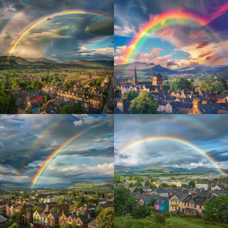 photorealistic scene of a vibrant rainbow arching over stirling, scotland. the rainbow stretches across a historic town with charming architecture, colorful buildings, and lush green hills. dramatic sky with scattered clouds. the landscape includes mountains in the background and a peaceful residential district in the foreground. natural lighting, moody atmosphere, wide-angle view, cinematic composition, high detail, ultra hd, breathtaking nature meets architecture.