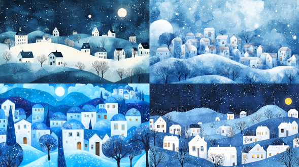 dreamy blue-tone townscape, small white houses on blue hills, snowy trees, starry night sky, soft glowing moonlight, delicate pointillism, magical atmosphere, watercolor and ink texture, highly detailed, snowy night, white rooftops, blue mountain silhouette swirling patterns, abstract floral textures, marbled blue background sunny blue landscape, puffy clouds, mediterranean town on hills 8k illustration