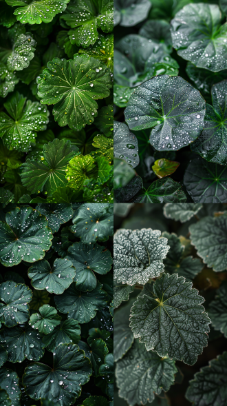 close-up of dew-covered dark green leaves, macro nature photography, dramatic lighting, moody forest background, ultra-detailed, high contrast, shallow depth of field, cinematic tone