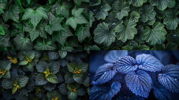 close-up of dew-covered dark green leaves, macro nature photography, dramatic lighting, moody forest background, ultra-detailed, high contrast, shallow depth of field, cinematic tone