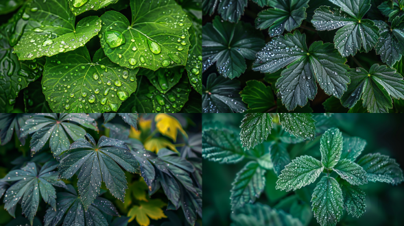 close-up of dew-covered dark green leaves, macro nature photography, dramatic lighting, moody forest background, ultra-detailed, high contrast, shallow depth of field, cinematic tone