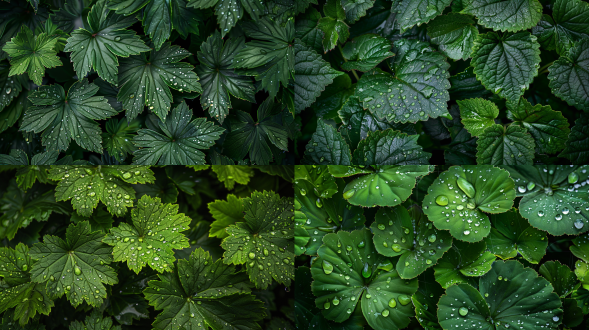 close-up of dew-covered dark green leaves, macro nature photography, dramatic lighting, moody forest background, ultra-detailed, high contrast, shallow depth of field, cinematic tone wallpaper close-up of dew-covered leaves, dark green tones,