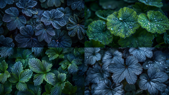 close-up of dew-covered dark green leaves, macro nature photography, dramatic lighting, moody forest background, ultra-detailed, high contrast, shallow depth of field, cinematic tone