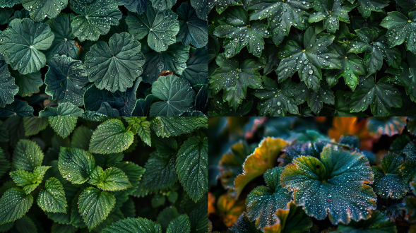 close-up of dew-covered dark green leaves, macro nature photography, dramatic lighting, moody forest background, ultra-detailed, high contrast, shallow depth of field, cinematic tone wallpaper close-up of dew-covered leaves, dark green tones,