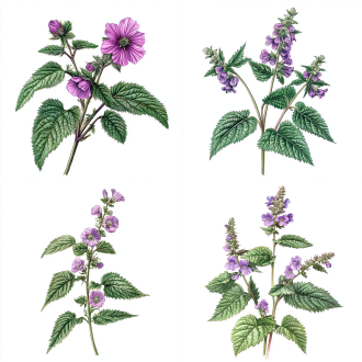 victorian style, purple growing on the stem of nettle with green leaves and pink flowers, white background, clip art, vintage illustration, whimsical, pastel colors, watercolor, very detailed painting