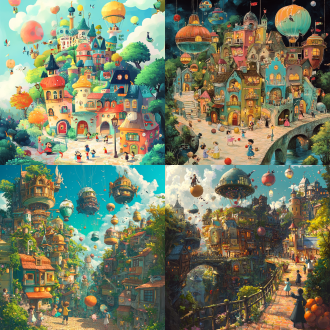 busy town, illustration, hayao miyazaki style, detailed, colorful, floating elements, children playing, animals walking on streets, whimsical atmosphere ，fantasy town, floating islands, magical creatures, hayao miyazaki style, vibrant colors, surreal buildings, children and animals exploring, imaginative, dreamlike busy town, illustrations, hayao miyazaki style, surrealistic, floating, people and animals, balls, fruits small town in forest, nature and town blending together, hayao miyazaki style, birds and animals roaming, floating lanterns, gentle lighting, warm tones, dreamy