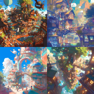 busy town, illustration, hayao miyazaki style, detailed, colorful, floating elements, children playing, animals walking on streets, whimsical atmosphere ，fantasy town, floating islands, magical creatures, hayao miyazaki style, vibrant colors, surreal buildings, children and animals exploring, imaginative, dreamlike busy town, illustrations, hayao miyazaki style, surrealistic, floating, people and animals, balls, fruits small town in forest, nature and town blending together, hayao miyazaki style, birds and animals roaming, floating lanterns, gentle lighting, warm tones, dreamy