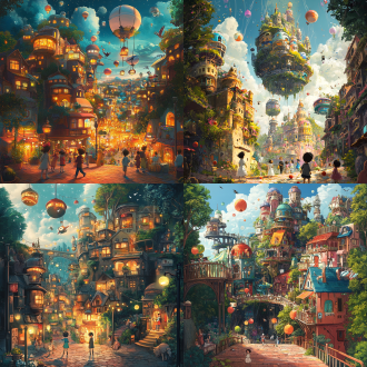 busy town, illustration, hayao miyazaki style, detailed, colorful, floating elements, children playing, animals walking on streets, whimsical atmosphere ，fantasy town, floating islands, magical creatures, hayao miyazaki style, vibrant colors, surreal buildings, children and animals exploring, imaginative, dreamlike busy town, illustrations, hayao miyazaki style, surrealistic, floating, people and animals, balls, fruits small town in forest, nature and town blending together, hayao miyazaki style, birds and animals roaming, floating lanterns, gentle lighting, warm tones, dreamy