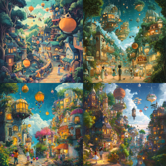 busy town, illustration, hayao miyazaki style, detailed, colorful, floating elements, children playing, animals walking on streets, whimsical atmosphere ，fantasy town, floating islands, magical creatures, hayao miyazaki style, vibrant colors, surreal buildings, children and animals exploring, imaginative, dreamlike busy town, illustrations, hayao miyazaki style, surrealistic, floating, people and animals, balls, fruits small town in forest, nature and town blending together, hayao miyazaki style, birds and animals roaming, floating lanterns, gentle lighting, warm tones, dreamy