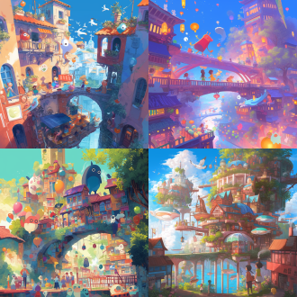 busy town, illustration, hayao miyazaki style, detailed, colorful, floating elements, children playing, animals walking on streets, whimsical atmosphere ，fantasy town, floating islands, magical creatures, hayao miyazaki style, vibrant colors, surreal buildings, children and animals exploring, imaginative, dreamlike busy town, illustrations, hayao miyazaki style, surrealistic, floating, people and animals, balls, fruits small town in forest, nature and town blending together, hayao miyazaki style, birds and animals roaming, floating lanterns, gentle lighting, warm tones, dreamy