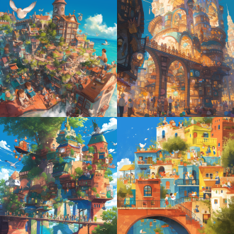 busy town, illustration, hayao miyazaki style, detailed, colorful, floating elements, children playing, animals walking on streets, whimsical atmosphere ，fantasy town, floating islands, magical creatures, hayao miyazaki style, vibrant colors, surreal buildings, children and animals exploring, imaginative, dreamlike busy town, illustrations, hayao miyazaki style, surrealistic, floating, people and animals, balls, fruits small town in forest, nature and town blending together, hayao miyazaki style, birds and animals roaming, floating lanterns, gentle lighting, warm tones, dreamy