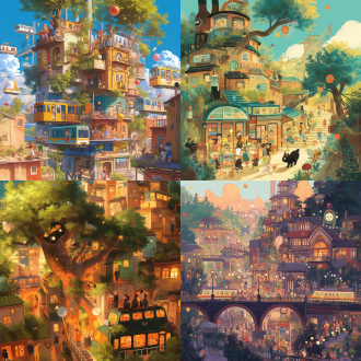 busy town, illustrations, hayao miyazaki style, surrealistic, floating, people and animals, balls, fruits small town in forest, nature and town blending together, hayao miyazaki style, birds and animals roaming, floating lanterns, gentle lighting, warm tones, dreamy futuristic town, robots and humans living together, colorful trains flying, miyazaki-inspired, floating houses, busy streets, playful style, cute details, storybook illustration fantasy town, floating islands, magical creatures, hayao miyazaki style, vibrant colors, surreal buildings, children and animals exploring, imaginative, dreamlike busy town, illustration, hayao miyazaki style, detailed, colorful, floating elements, children playing, animals walking on streets, whimsical atmosphere