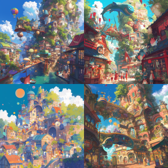 busy town, illustration, hayao miyazaki style, detailed, colorful, floating elements, children playing, animals walking on streets, whimsical atmosphere ，fantasy town, floating islands, magical creatures, hayao miyazaki style, vibrant colors, surreal buildings, children and animals exploring, imaginative, dreamlike busy town, illustrations, hayao miyazaki style, surrealistic, floating, people and animals, balls, fruits small town in forest, nature and town blending together, hayao miyazaki style, birds and animals roaming, floating lanterns, gentle lighting, warm tones, dreamy