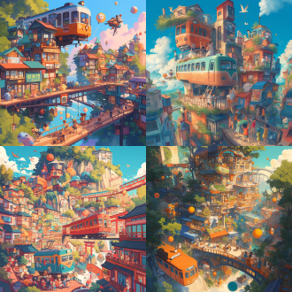 busy town, illustrations, hayao miyazaki style, surrealistic, floating, people and animals, balls, fruits small town in forest, nature and town blending together, hayao miyazaki style, birds and animals roaming, floating lanterns, gentle lighting, warm tones, dreamy futuristic town, robots and humans living together, colorful trains flying, miyazaki-inspired, floating houses, busy streets, playful style, cute details, storybook illustration fantasy town, floating islands, magical creatures, hayao miyazaki style, vibrant colors, surreal buildings, children and animals exploring, imaginative, dreamlike busy town, illustration, hayao miyazaki style, detailed, colorful, floating elements, children playing, animals walking on streets, whimsical atmosphere