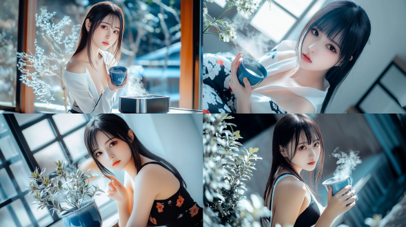 20岁亚洲美女着低胸装，在别墅往热水杯加神秘蓝植物，杯冒热气花泛灰蓝，4k 35mm，写实风，高对比，超细节，暖光，优雅。 oc渲染器 大草原 微距 等距视角 仰视视角