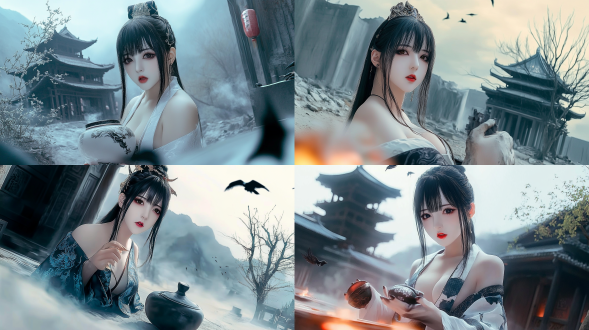 场景展现了一座位于灰色岩石山脚下的破败寺庙。这座长期被废弃的寺庙已经半倒塌，檐角倾斜，梁柱坍塌。寺庙旁边，竖立着一尊与寺庙等高的佛教愤怒金刚雕像，头上戴着八角佛冠，手持带有中国龙纹样的剑，面部表情愤怒。空中盘旋着黑色的乌鸦。在荒凉贫瘠的土地上，路旁生长着一棵枯死的树。树下，一名男子骑马背对着镜头，正朝着破碎的寺庙行进。游戏原创艺术杰作，最佳品质，孙悟空，采用细致的超现实主义风格线描艺术，生物，奇幻，大胆线条，极度细致，线描风格（以此风格），as7033风格，（（良好的结构）），（（清晰、原创）），光影，图像小说详细线条插画，极度夸张的视角，暗黑奇幻，情感丰富，危险而迷人，光与暗的对比强烈，摇曳的光影，动态姿势，动感十足。