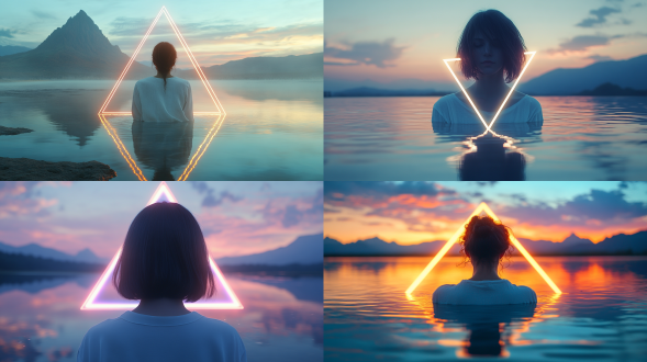 图片中展示了一位穿着白色衬衫的女性，她的头部被一个发光的三角形框架包围。背景是一片宁静的水面和远处的山脉，天空呈现出黄昏时的淡淡蓝色和粉色。水面上有女性的倒影，整个画面给人一种梦幻和神秘的感觉。 特写 光粒子 环境光