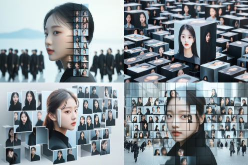 矩阵方块图片特效，方块只有一面是图片​，图片​阵列随机摆放，图片是女性​ 倾斜视角