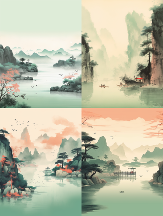 江南插画，远山近水，小桥流水人家，留白，粉红嫩绿配色，新工笔画风格，线条细腻，国画，肌理磨砂质感，东方美学，简约风格，细节刻画，静态，优雅，细腻，柔和光线，水墨效果，自然环境，长焦镜头，淡雅色彩，平静情感。