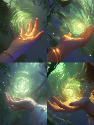 手上发着光芒，特写镜头，柔和光线，神秘氛围，微距摄影，冷暖色调交织，专注表情，细腻肌肤，光芒四射，宁静而神秘。