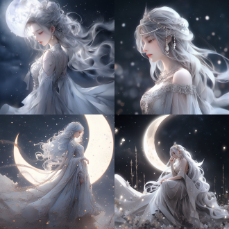 二次元美女，月亮女神，银色长裙，月光下，神秘优雅，半身像，柔和光线，超现实风格，近景镜头，正面，梦幻色彩，宁静表情，星空中，超高清，细节丰富，银色长裙，月光下，神秘优雅，半身像，柔和光线，超现实风格，广角镜头，正面，梦幻色彩，宁静表情，星空中，超高清，细节丰富。