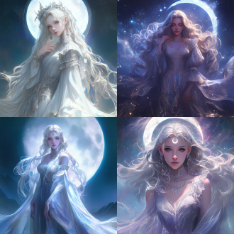 二次元美女，月亮女神，银色长裙，月光下，神秘优雅，半身像，柔和光线，超现实风格，近景镜头，正面，梦幻色彩，宁静表情，星空中，超高清，细节丰富，银色长裙，月光下，神秘优雅，半身像，柔和光线，超现实风格，近景镜头，正面，梦幻色彩，宁静表情，星空中，超高清，细节丰富。