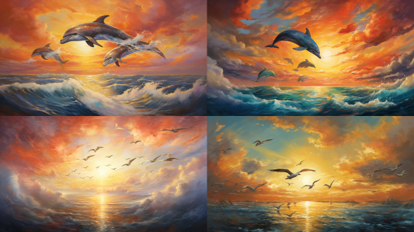 飞翔在天空上的海豚，追逐太阳，云好像浪花，油画风格，色彩艳丽，广角画面，对比鲜明，暖色调，仰视