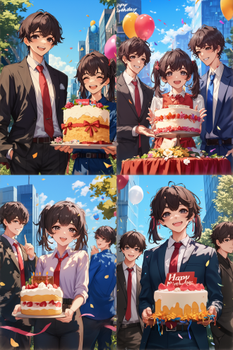 西装衬衫，商务连衣裙，生日庆典，晴朗天空，高楼背景，彩带气球，树影斑驳，居中构图，广角镜头，自然光，微笑，希望，现代化，黑发，眼镜，蛋糕前景，说笑，花草装饰。