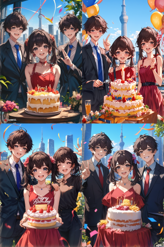 两年轻男士与女士庆生，西装衬衫搭配，眼镜点缀，红色连衣裙，黑发齐聚，蛋糕居前，笑容满面，希望洋溢，晴空树影，高楼彩带，画面居中，两侧花草，广角镜头，自然光，快门适中，彩色鲜艳，欢乐氛围。