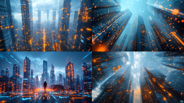 低位远景，蓝色、银色及少量橙色科技感线条和点状元素点缀，为城市带来科技感，画面通透富有层次感，8k 高清，3d 渲染，深圳华润置地总部及周围城市景观