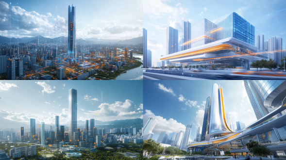 低位远景，蓝色、银色及少量橙色科技感线条和点状元素点缀，为城市带来科技感，画面通透富有层次感，8k 高清，3d 渲染，深圳华润置地总部（春笋）及周围城市景观