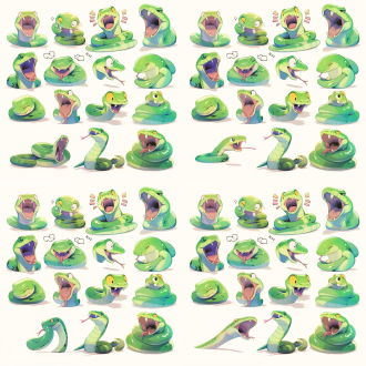 蛇表情包，16个动态姿势，不同表情，白色背景，8k分辨率，