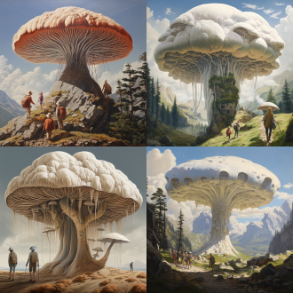 高山草甸 巨大蘑菇 人在蘑菇的褶皱里攀爬