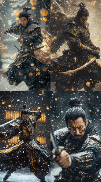 国风古代武侠战士岳飞破损盔甲挥舞唐刀风雪中舞刀动作干练一身英气半身照黑金色调超写实风格超多细节胶片级画质摄影纪实oc渲染器电影风格照片写实黑半身电影灯光武侠动态冲向镜头