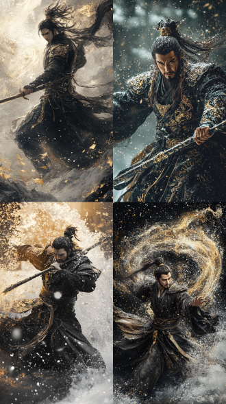 国风古代武侠战士岳飞破损的盔甲挥舞长棍风雪中舞棍动作干练空中棍风漩涡一身英气半身照黑金色调超写实风格超多细节胶片级画质摄影纪实oc渲染器电影风格照片写实黑半身电影灯光武侠动态冲向镜头