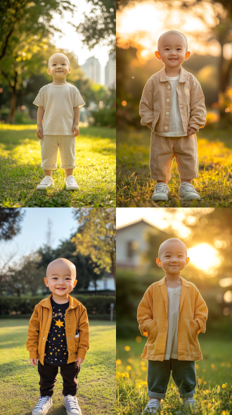 高清像素，自然光源，正面打光，4岁中国儿童全身入镜，站立姿势，光头，笑容灿烂，目光看向镜头，运动鞋，阳光草地花园，稚气可爱，粉彩色，明亮，全身，童装，广角镜头，高饱和度，自然光，正面光，全身照，童真，欢乐。