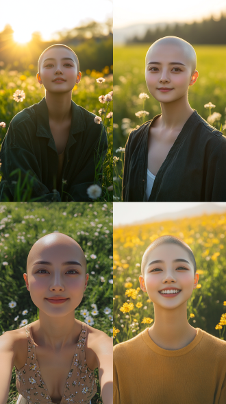 高清像素，自然光源，正面打光，中国30岁女性，光头，笑容灿烂，目光看向镜头，运动鞋，阳光草地花，明亮，全身，帅气，自信，高分辨率，广角镜头，自然光，正面光，阳光明媚，草地背景，鲜艳色彩，全身照，自信表情，运动风格。