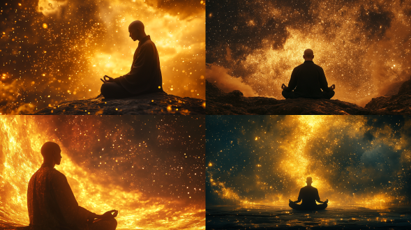 光头打坐的中国人，背影，星空，宇宙能量，金色光芒，超现实主义，梦幻，绚烂，广角镜头，星空中，微光，金色涌动，冥想，宁静，神秘，高对比度，冷暖色调，侧光，慢快门，宇宙，能量流动。
