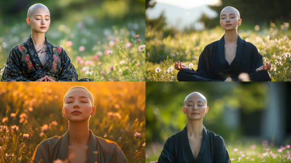 高清像素，自然光源，正面打光，中国30岁女性，光头，平静冥想打坐，闭眼，阳光草地花，明亮，帅气，自信，高分辨率，广角镜头，自然光，正面光，阳光明媚，草地背景，鲜艳色彩，自信表情，禅