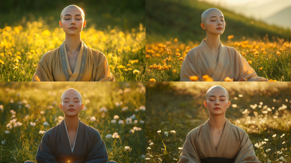 高清像素，自然光源，正面打光，中国30岁女性，光头，素颜，脸额头有光泽，表情神圣，身穿圆领布衣，平静冥想打坐，闭眼，阳光草地花，明亮，帅气，自信，高分辨率，广角镜头，自然光，正面光，阳光明媚，草地背景，鲜艳色彩，自信表情，禅