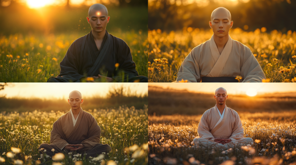高清像素，自然光源，正面打光，中国30岁男性，光头，素颜，脸额头有光泽，表情神圣，身穿圆领布衣，平静冥想打坐，闭眼，阳光草地花，明亮，帅气，自信，高分辨率，广角镜头，自然光，正面光，阳光明媚，草地背景，鲜艳色彩，自信表情，禅