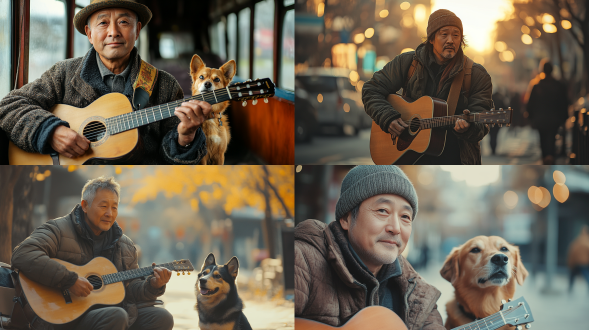 一位中国中年男人，带着一条狗和吉他，在旅行，惬意，风光，风格摄影佳作 电影风 时尚机器 高调摄影 个性的视角 漫延感 动态美学 艺术感染力 留白搭配 高明度背景 发光 毛玻璃感般的模糊效果 颗粒层次感 超现实主义 高级感 细节生动完美 杰作