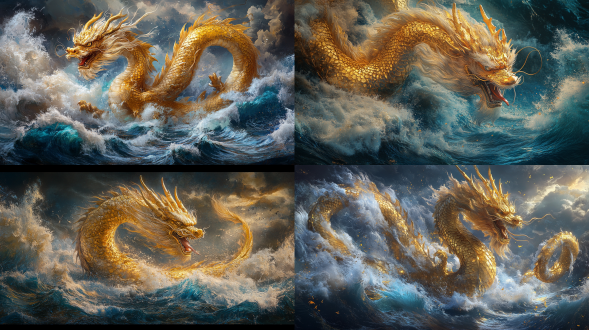 中国美学，金色巨龙，发光，丰富细节，对称构图，传统与现代结合，动态美，文化象征，微距镜头，对比强烈，细腻纹理，压迫感氛围，风浪大海上的巨龙，超现实画风，金色与蓝色对比，巨龙腾飞，海水翻腾，神秘感，震撼力，文化传承，视觉冲击。