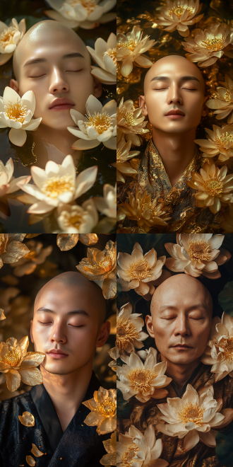 中国男性闭眼光头清净庄严半身像柔和光线自然色调室内环境标准镜头背光静态沉睡周围金色莲花