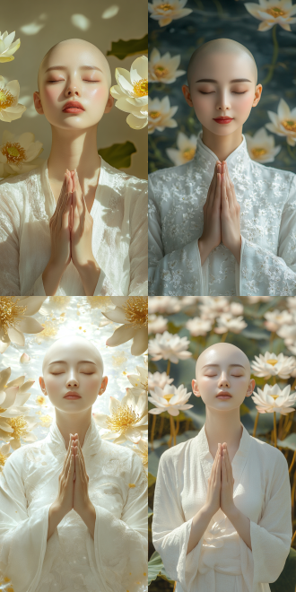中国女性闭眼，光头，双手合十，白色朴实衣服，清净庄严，柔和光线，自然色调，室内环境，标准镜头，背光，静态，沉睡，金色莲花环绕。